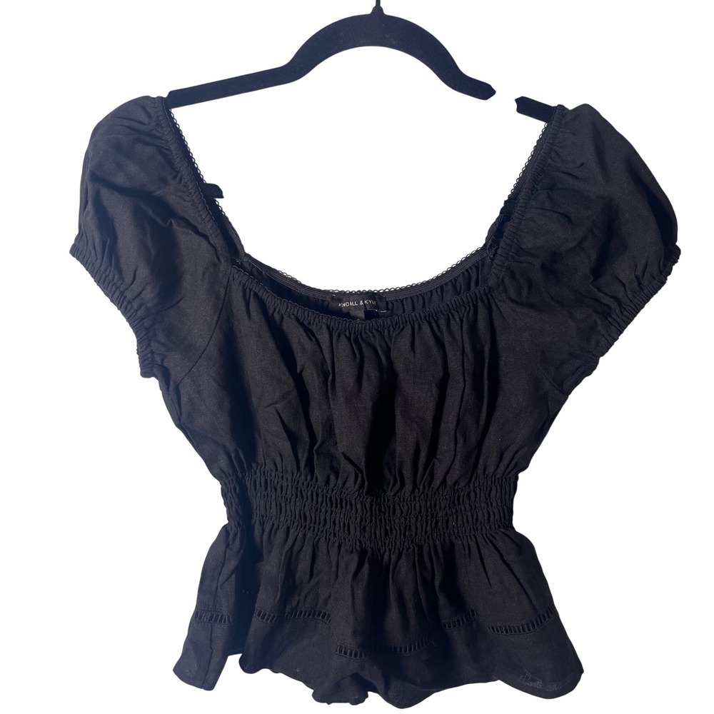 Kendall & Kylie Black Linen Blend Smocked Waist Peplum Top Square Neck Small
